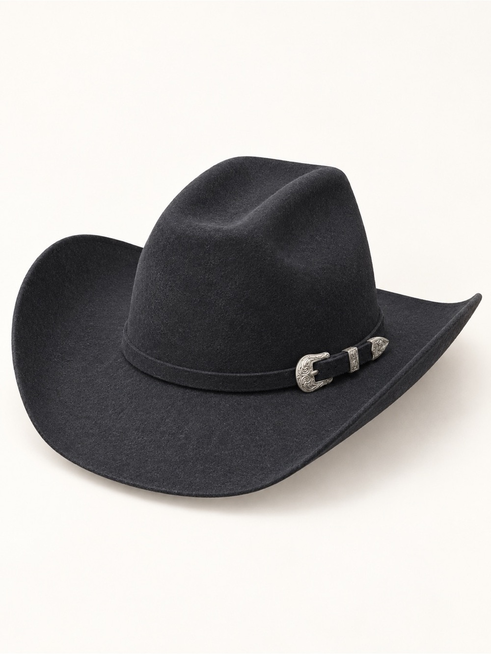 Ariat Cowboy Hat 2X Felt Wool 7 1/2 Black 100% Wool Western Silver Buckle Rodeo